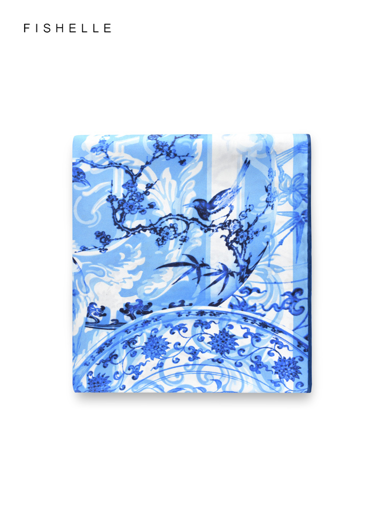 Silk Neck Scarf - Blue flowers birds sciarpa di seta